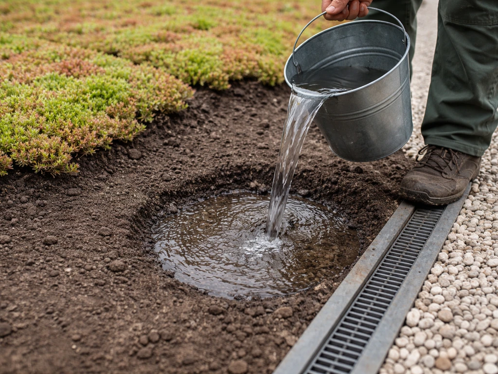 Tuinmanipulatie: emmer water op een proefplek met grind/afvoergoot, water zakt snel weg zonder plassen.