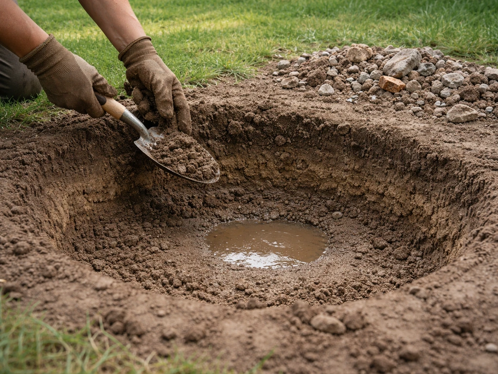 Handen scheppen aarde uit een uitgegraven wadi en een gat met water test op doorlatendheid.