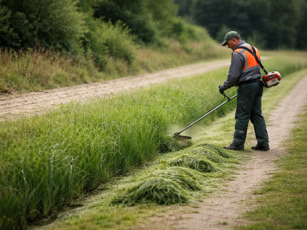 Maaibeurt in een wadi-grasstrook met maaisel-afvoer, tuinwerker maait voor soortenrijke wadi.