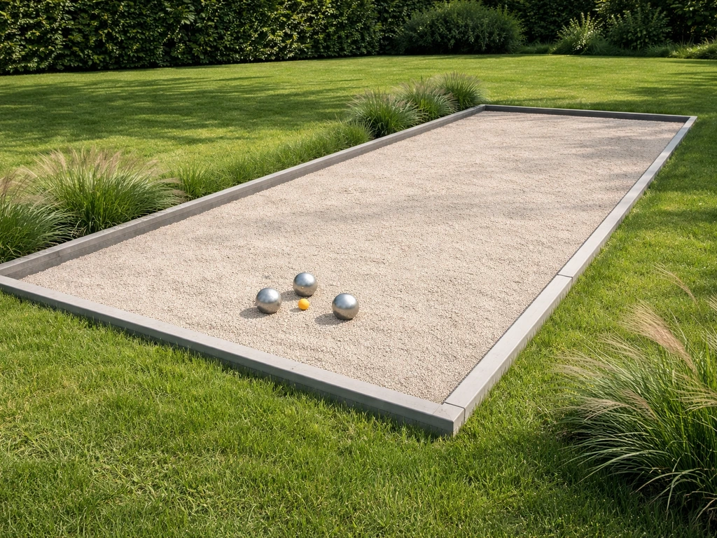 Afgebakende jeu-de-boules speelstrook op Nederlands gazon met but/cochonnet, boules en siergras.