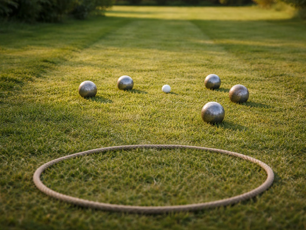 Speelopstelling jeu de boules op gemaaid gras met wit cochonnet/but en metalen ballen eromheen.