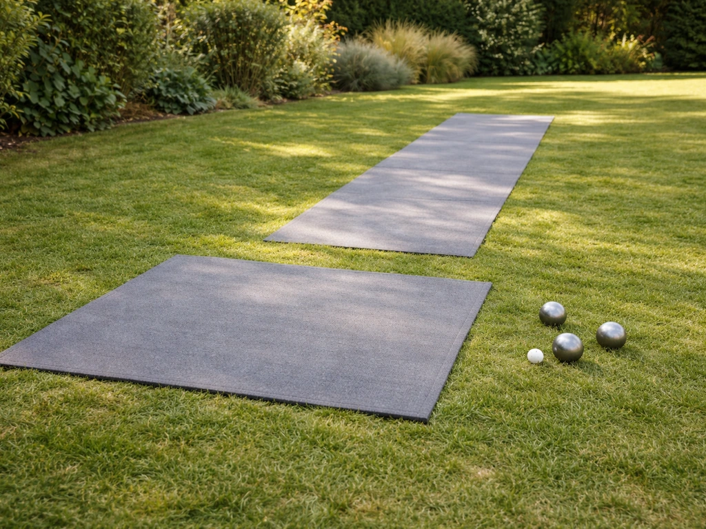 Tuinmatten op gras als beschermde jeu de boules-speelzone, met boules en het butballetje erbij.