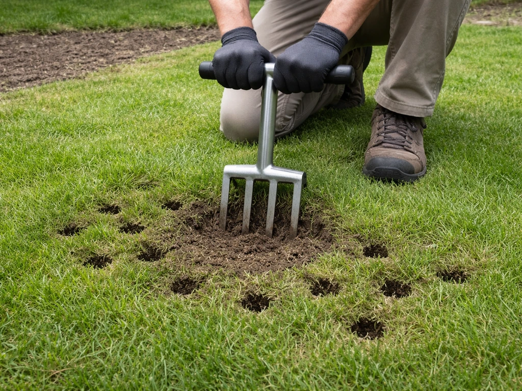 Tuinier belucht een ingedrukt gazon met beluchtingsriek; kleine gaatjes zichtbaar voor herstel.