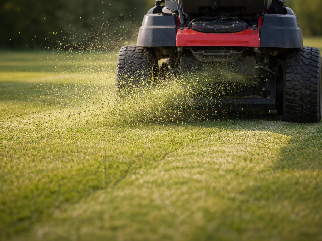Gazonmaaier met mulch-inzet die droog gras fijn teruguit blaast, consistent maaihoogte.
