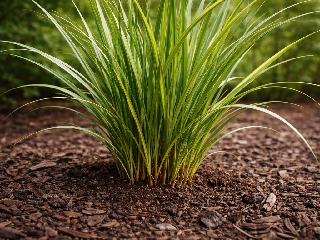 Siergras met duidelijke pol en losse halmen in een rustige tuin, close-up bij de voet van de plant