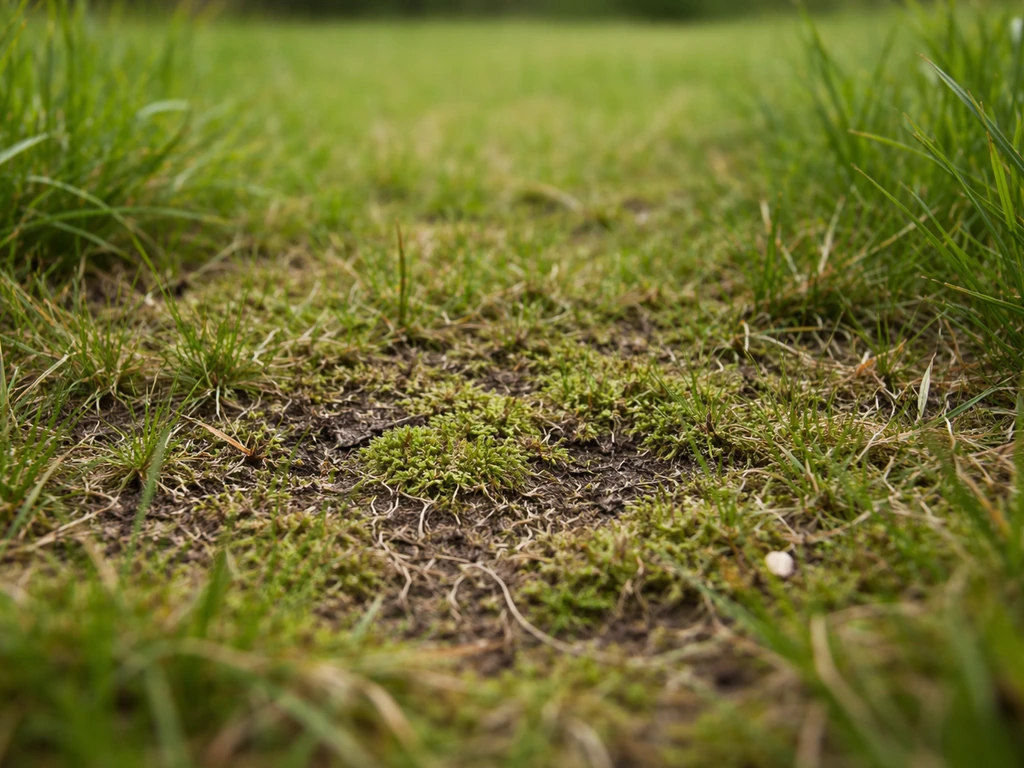 Close-up van een gazon met mos en vilt tussen het gras, met langer gras eromheen