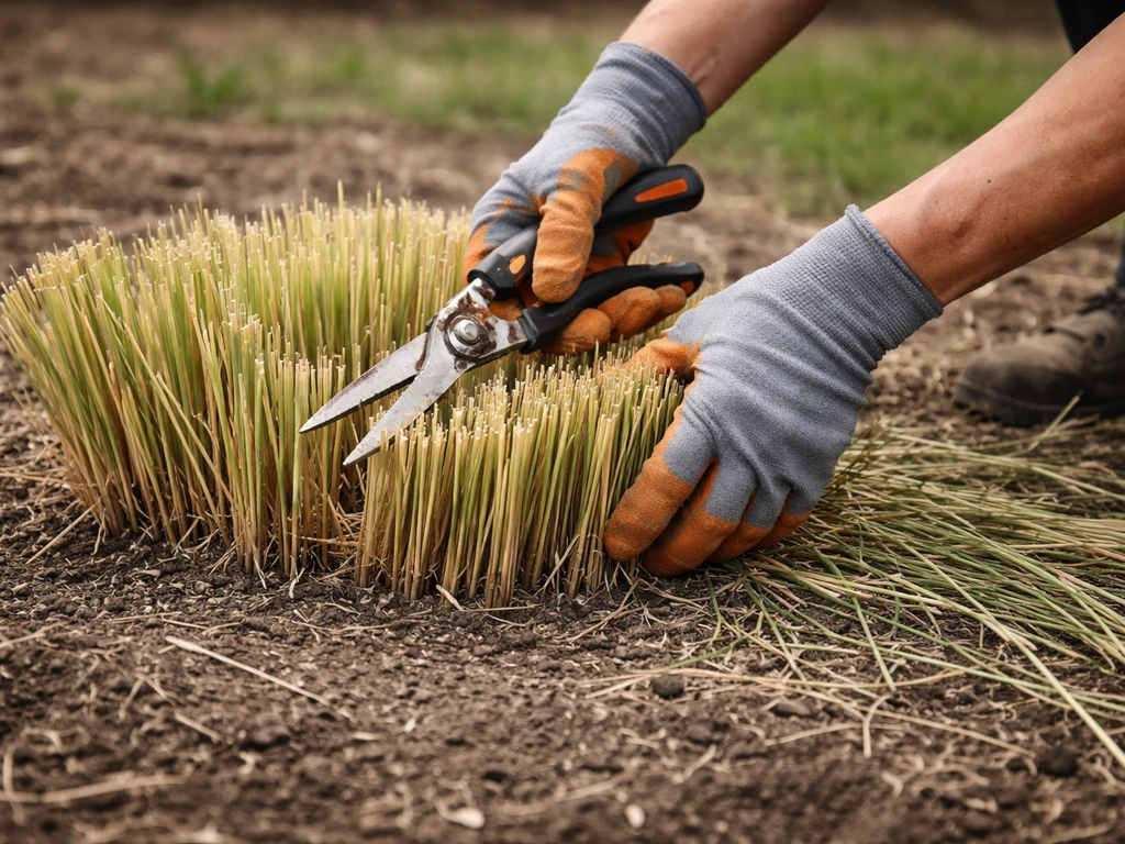 Anonieme handen knippen siergras terug tot ca. 10–15 cm boven de grond in de tuin.