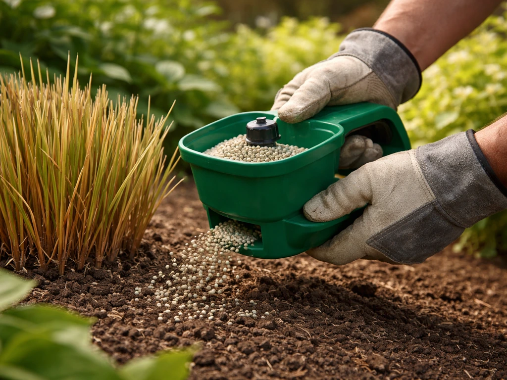 Tuinier strooit langzaamwerkende meststof op teruggeknipt siergras in het voorjaar, met handschoenen.
