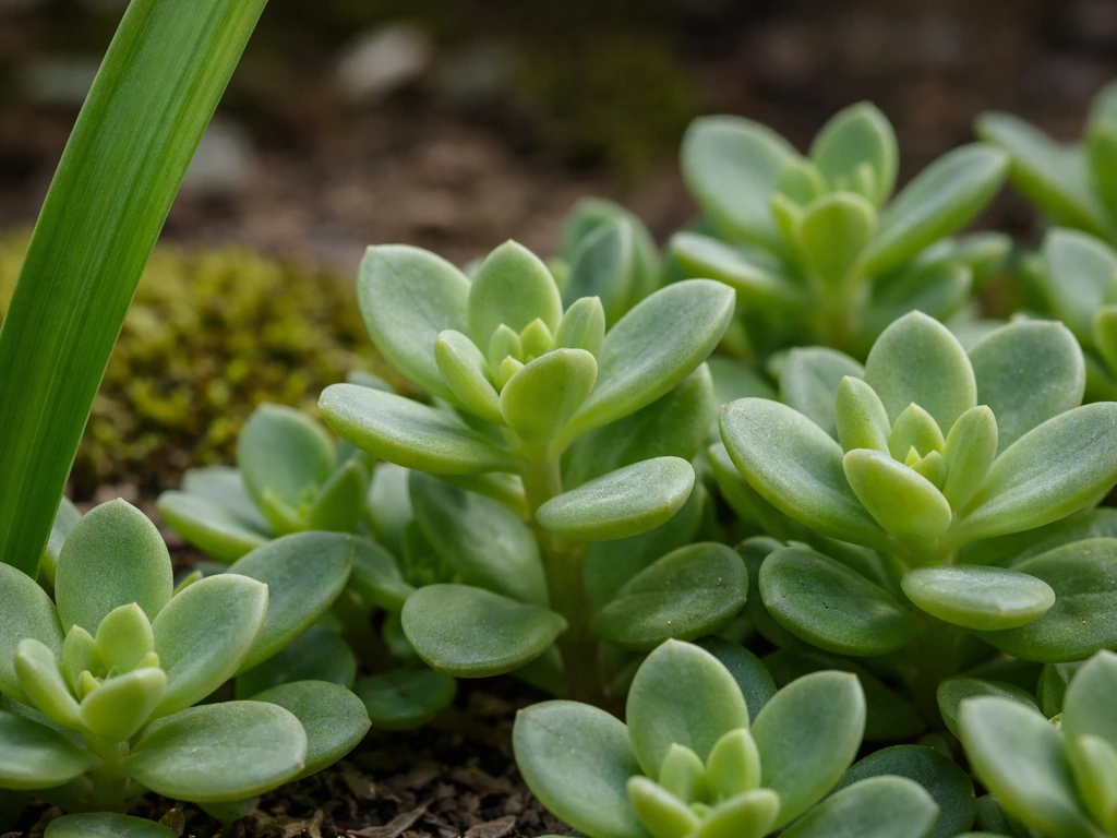 Close-up van sedum-blaadjes naast een grasblad, zodat het verschil in textuur en vorm duidelijk is.