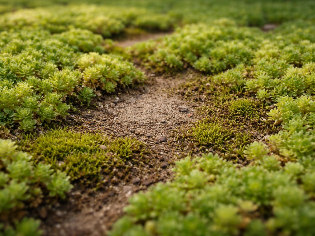 Sedum-gras met mos tussen de plantjes en duidelijke kale plekken met zichtbare aarde.