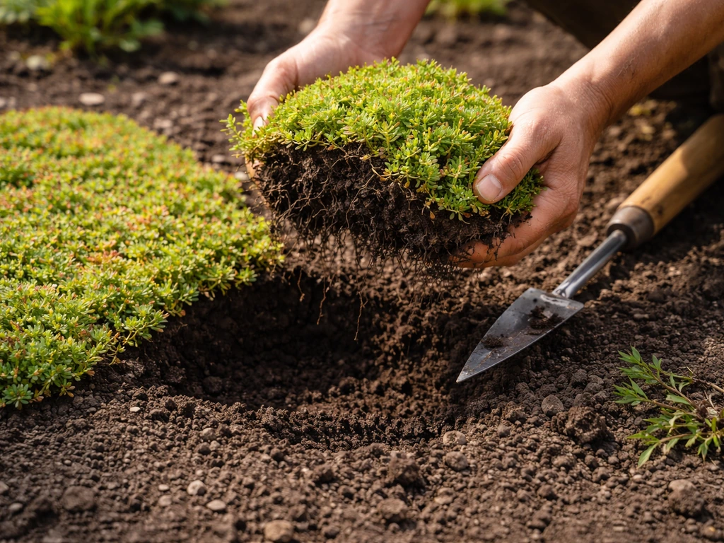 Tuinman haalt sedum uit met een onkruidsteker, met zicht op wortelkluit en open plek in de bodem.