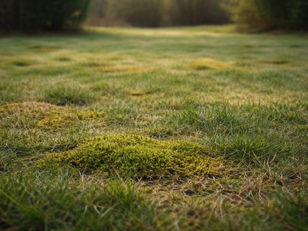 Duidelijke mos- en vergeelde plekken in een Nederlands gazon bij ochtendlicht, voor snelle ‘me gras’-herkenning.