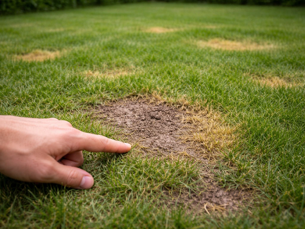 Close-up van een groen gazon met gele plekken en kale plekken, met een hand die de locatie aanwijst op de grond