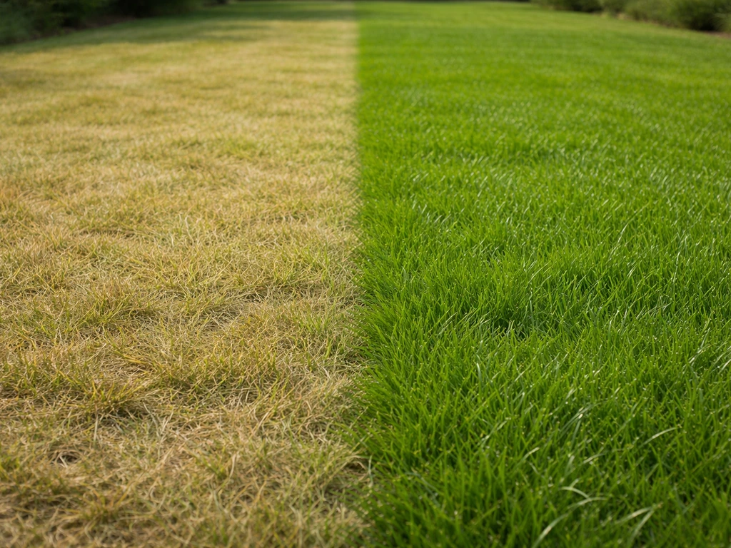 Twee naast elkaar liggende graszones: links geel en dof, rechts fris groen.