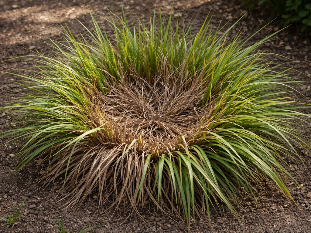 Close-up van miscanthus met verouderde buitenring en dode kern, bij een tuinperk in halfschaduw.