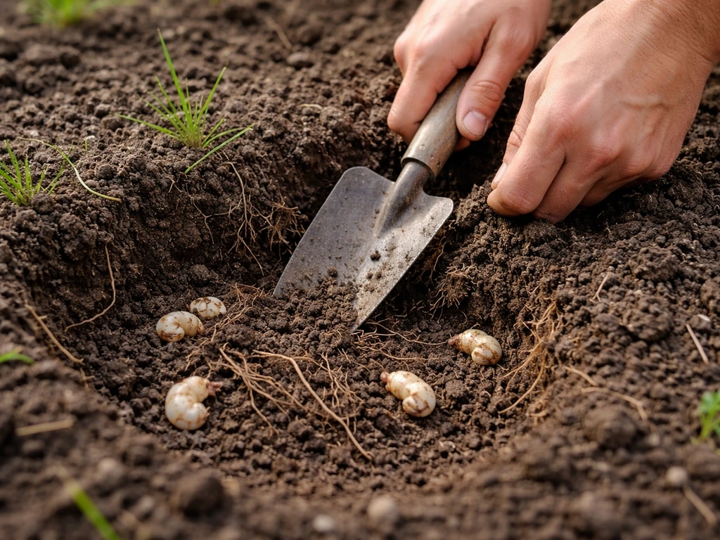 Tuinman graaft met schaar/grondspade op een kale plek waar emelten of engerlingen aan wortels vreten.