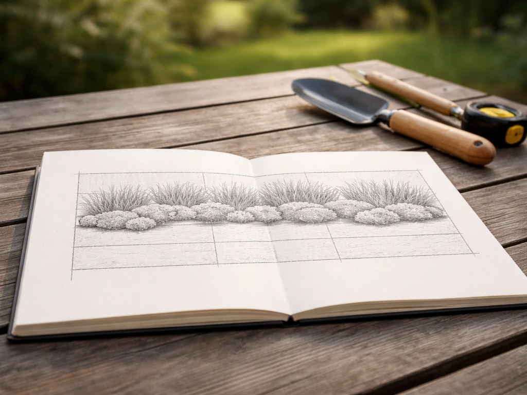 Minimalistische foto van een tuinborder-schets op papier met grasindeling voor-midden-achter, zonder tekst.