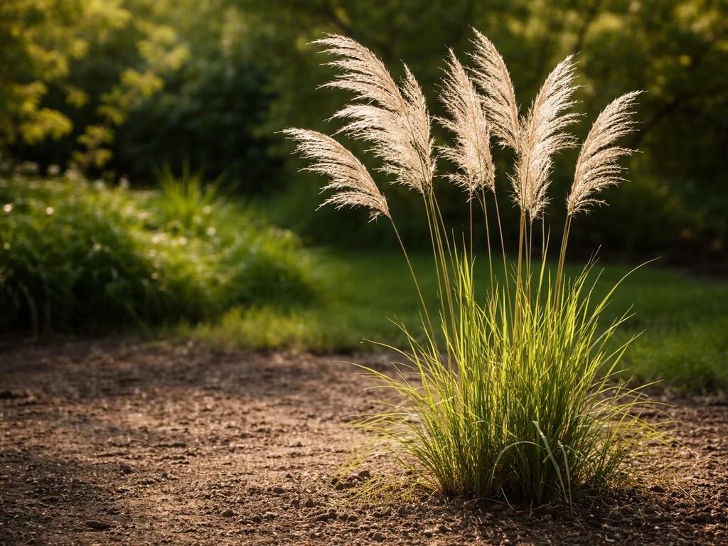 Miscanthus sinensis (prachtriet) in bloei in een zonnige tuin, met doorlatende grond zichtbaar.