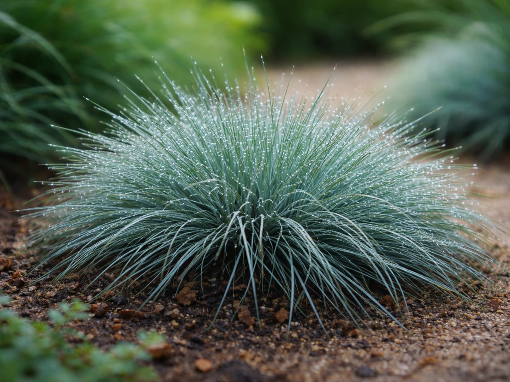Close-up van blauwig-zilverkleurige polletjes wintergroen siergras met fijne naaldachtige blaadjes.