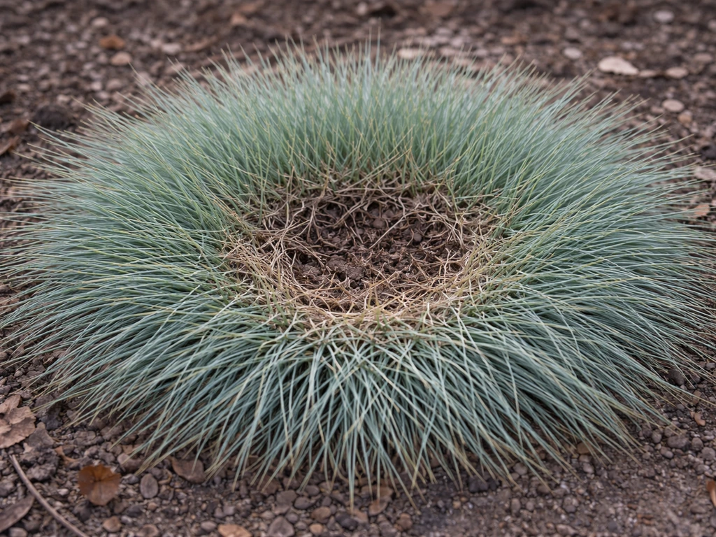 Oude pol blauwschermzwenkgras met kale kern en dichte ringleefgroei, close-up van ‘donutvorm’.