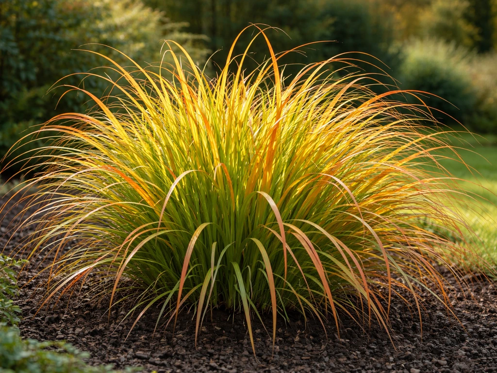 Miscanthus ‘Indian Summer’-gras in een tuin met dichte pol, boogvormige bladeren en warm herfstkleurverloop.