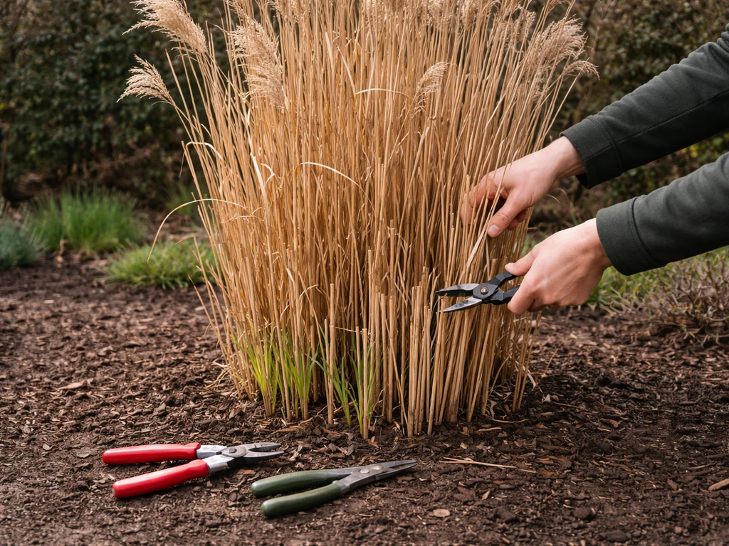 Miscanthus pol met droog blad en pluimen, met snoeihandeling in het vroege voorjaar bij een tuinrand