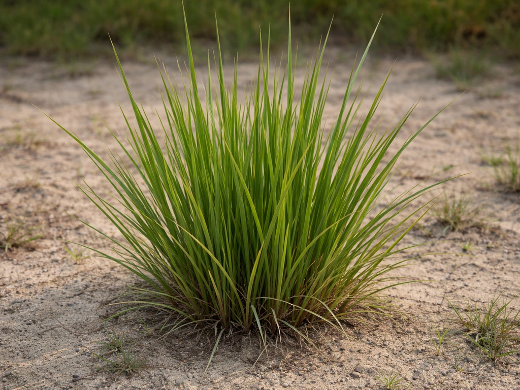 Close-up van aláng aláng gras: smalle, rechtopstaande bladeren in een duidelijke pol.