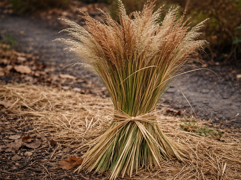 Alang alang gras in herfst/winter, bladeren losjes gebonden en omringd door goed doorlatende grond zonder plassen.