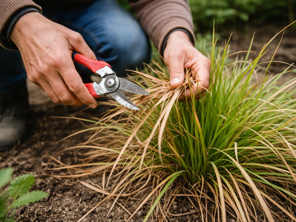 Tuinier bij een siergraspol, aangetaste bladeren worden verwijderd met snoeischaar bij helder daglicht.