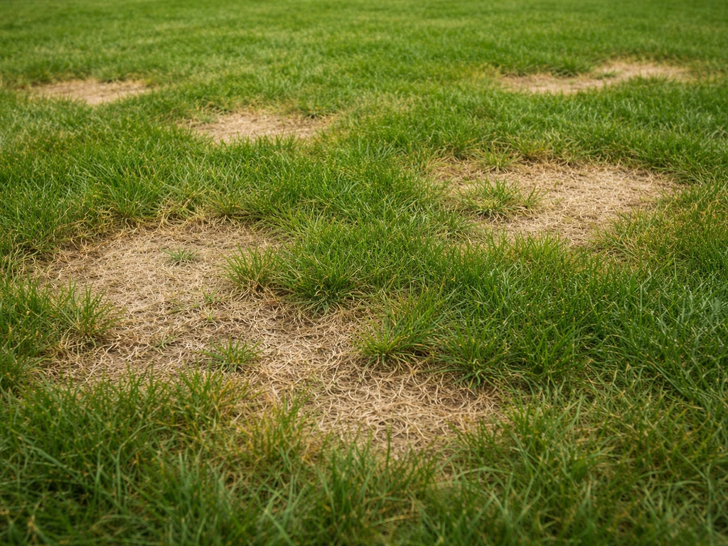 Close-up van een gazon met bleke, afstervende plekken en een stukje herstellend, groen gras.