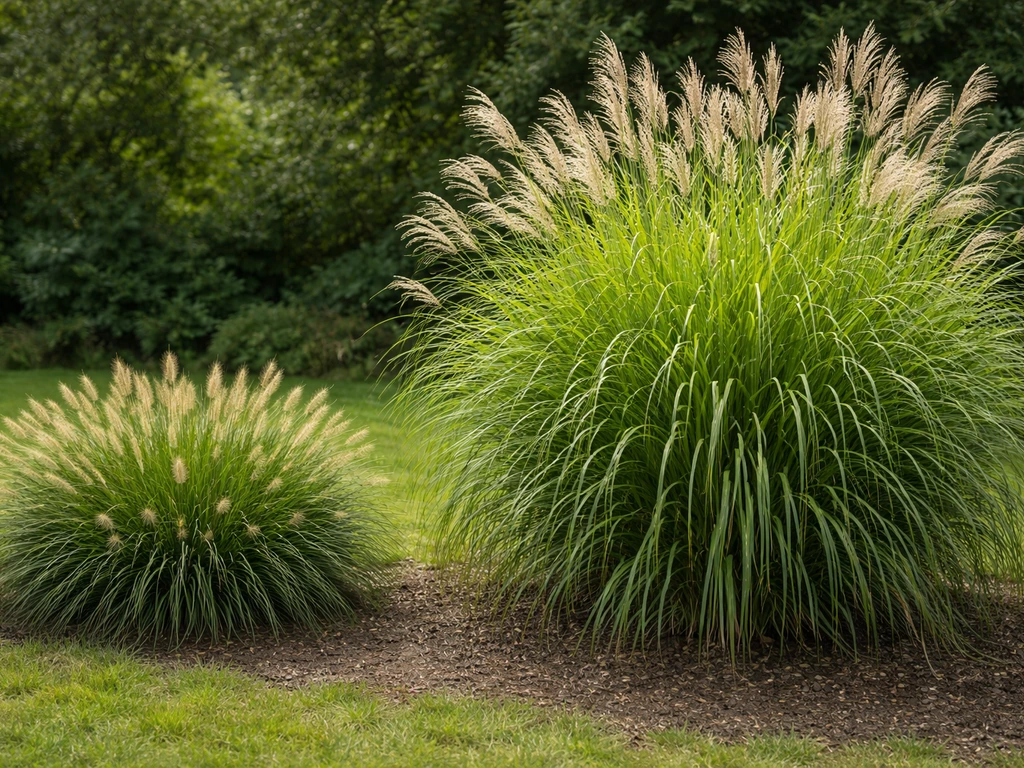 Vergelijking van twee siergrassen in een tuin: compacte Pennisetum naast groter Miscanthus met halmen.