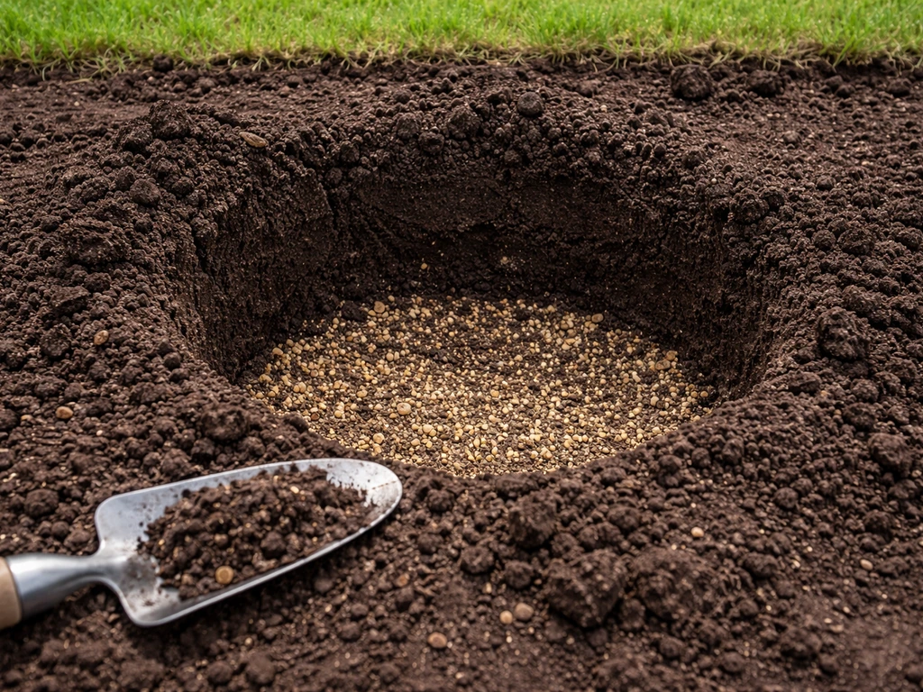 Geschept plantgat in donkere aarde met zichtbare drainage-zandfractie en bodemmix voor betere waterafvoer.