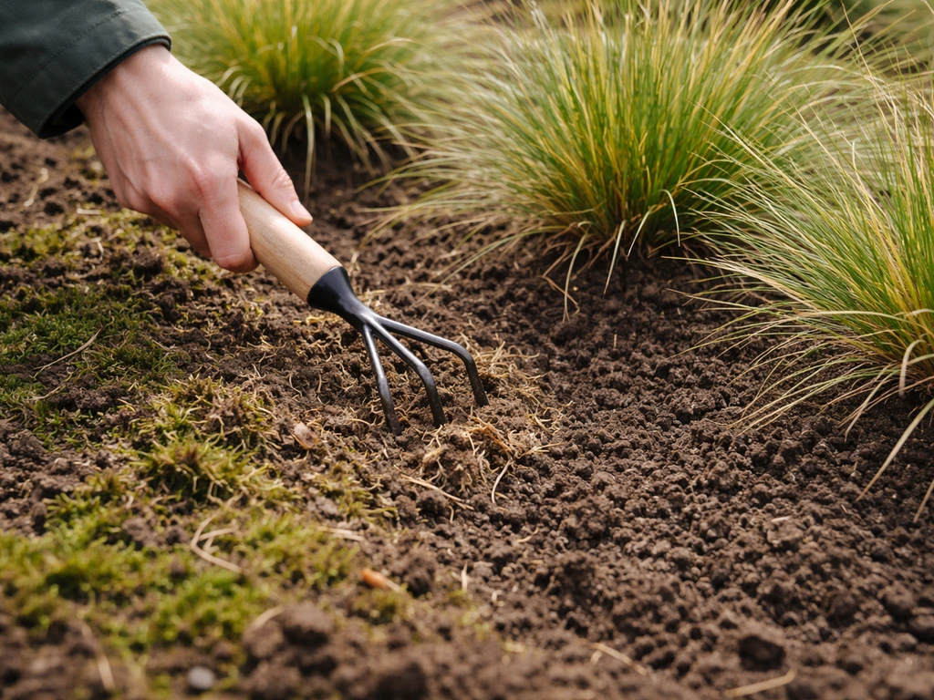 Tuinier schraapt met een harkje de bovenlaag bij siergrassen, zichtbaar verschil tussen mos en vrijgemaakte polbasis